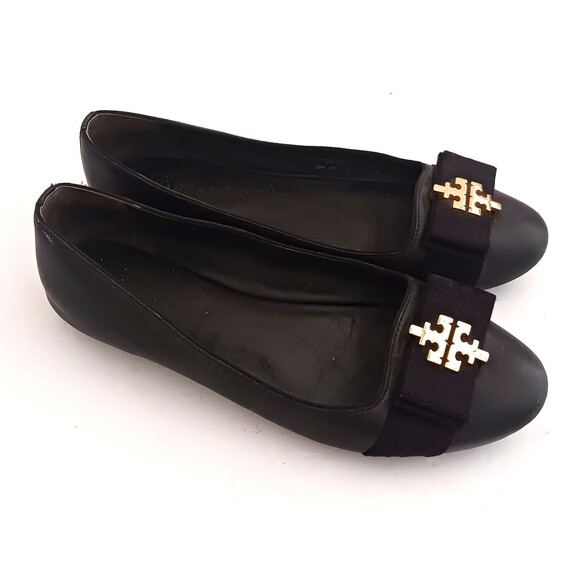 Tory Burch Sedgwick Ballet Flat Blk Leather Gold Logo Grosgrain Bow Sz 6 Dustbag - Picture 1 of 11